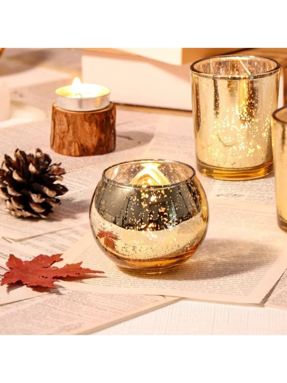 48PCS Gold Votive Candle Holders Set - Mercury Glass Tea Light Holders for